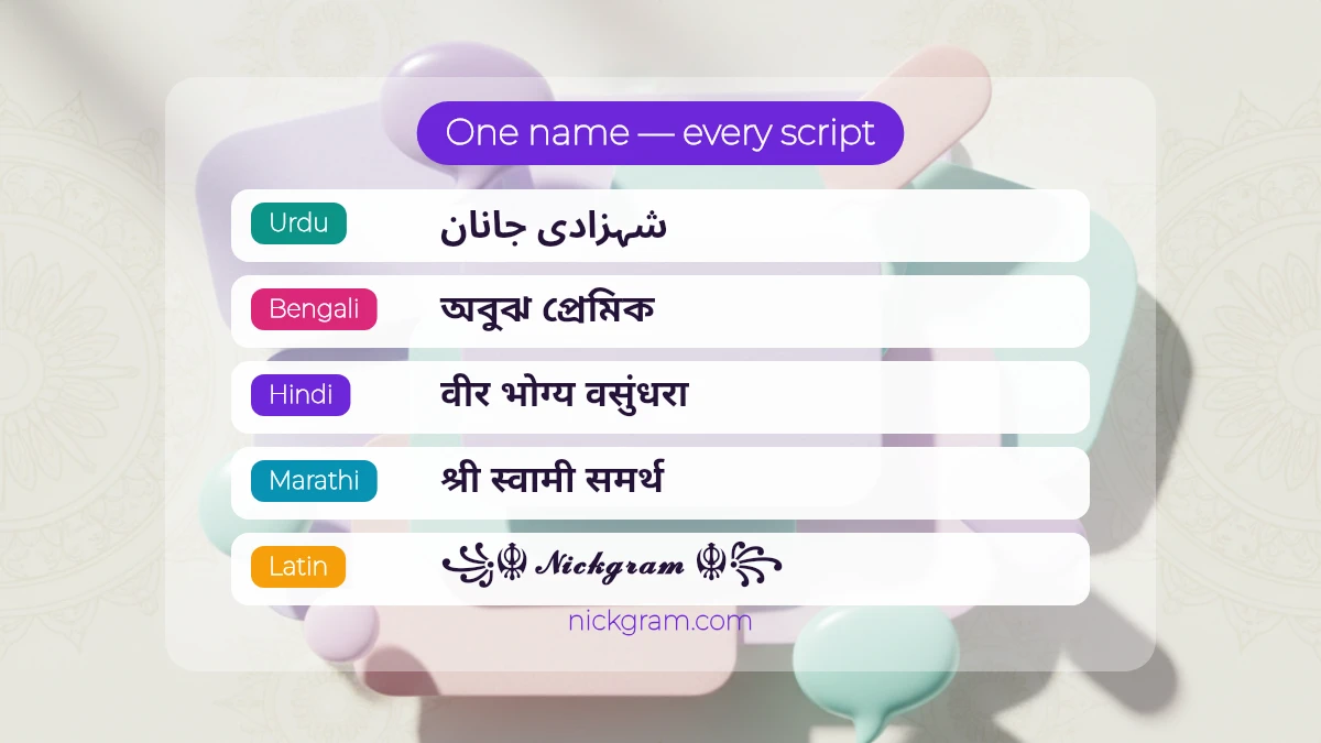 One name shown in Urdu, Bengali, Hindi, Marathi and Latin stylish scripts on Nickgram