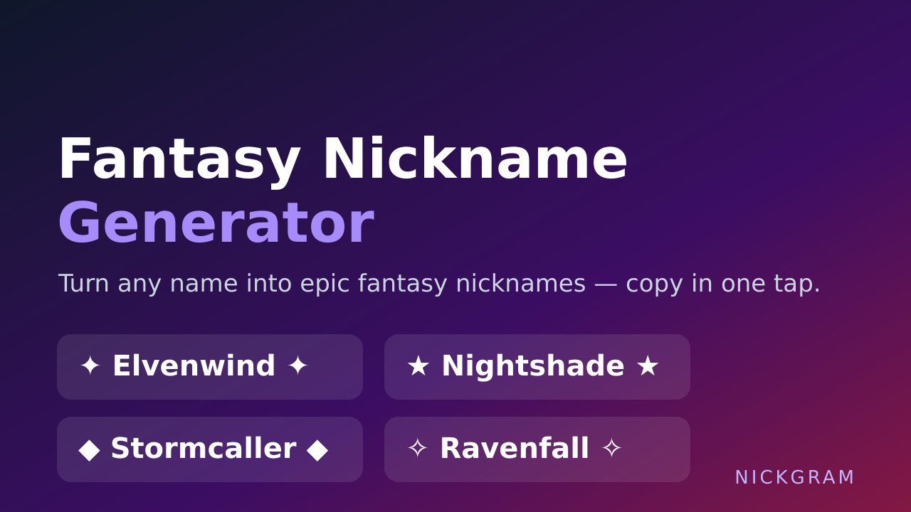 Fantasy nickname generator examples — Elvenwind, Nightshade, Stormcaller and Ravenfall in stylish fonts