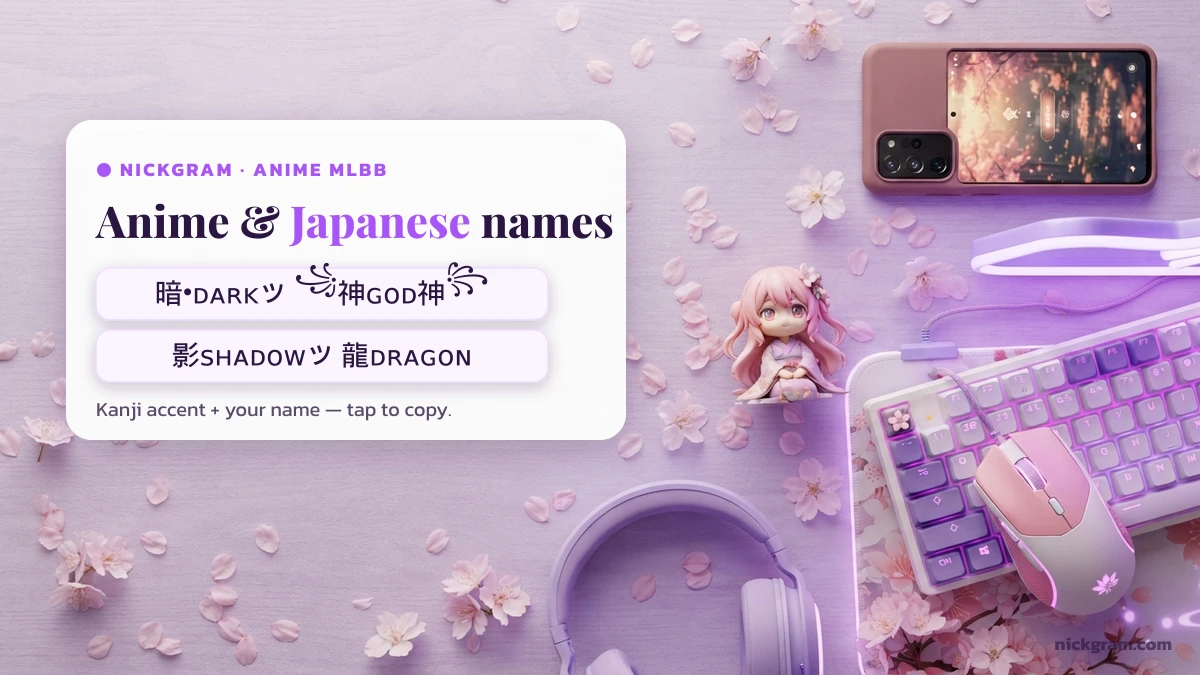 Anime and Japanese style MLBB names with kanji accents like 暗 dark and 神 god