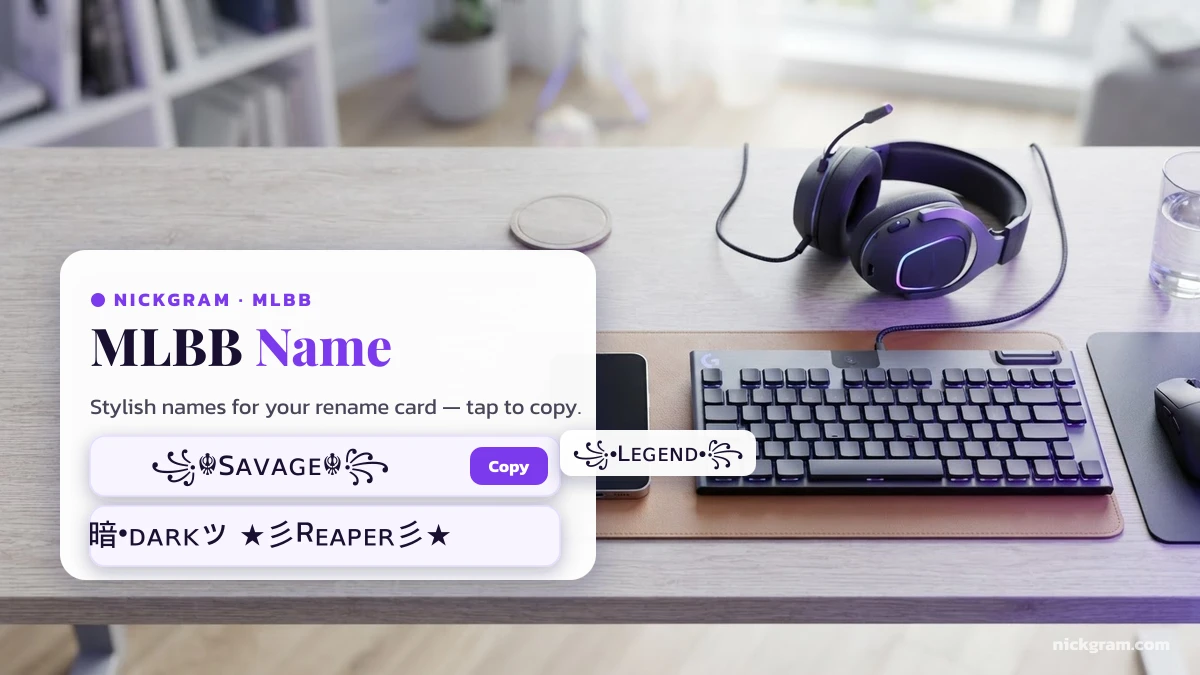 MLBB name generator showing stylish Mobile Legends names with symbols and fancy fonts