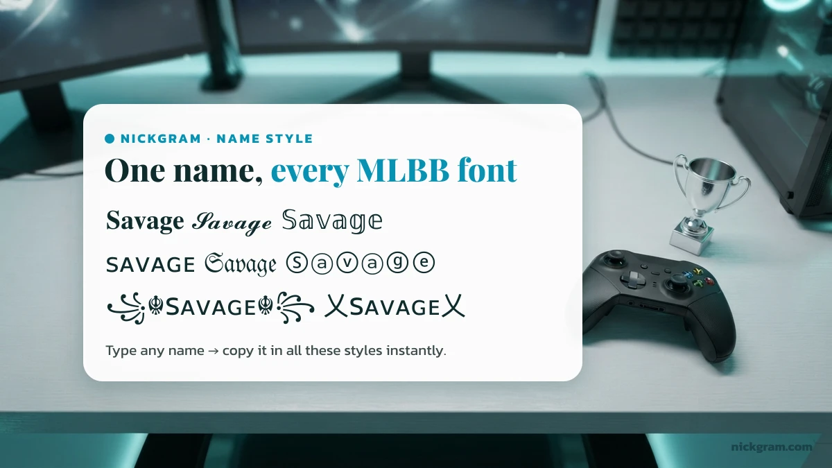 MLBB name style fonts showing one name in bold, script, small caps and framed styles