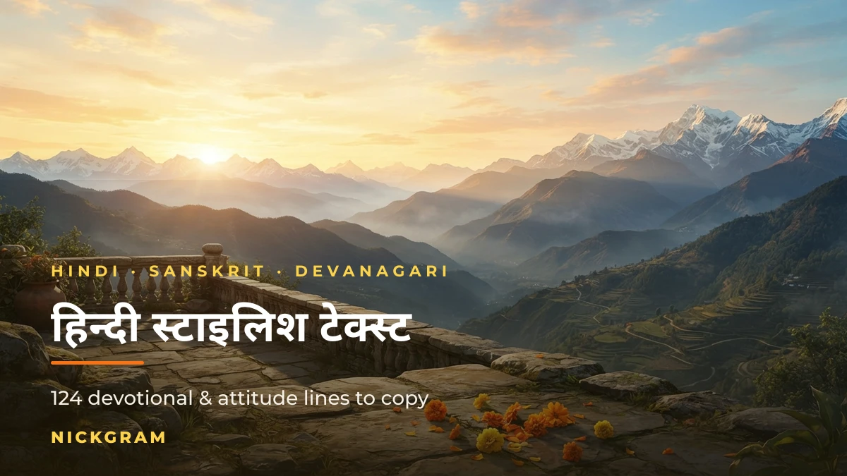 Hindi stylish text in Devanagari over a Himalayan sunrise, 124 devotional and attitude lines to copy