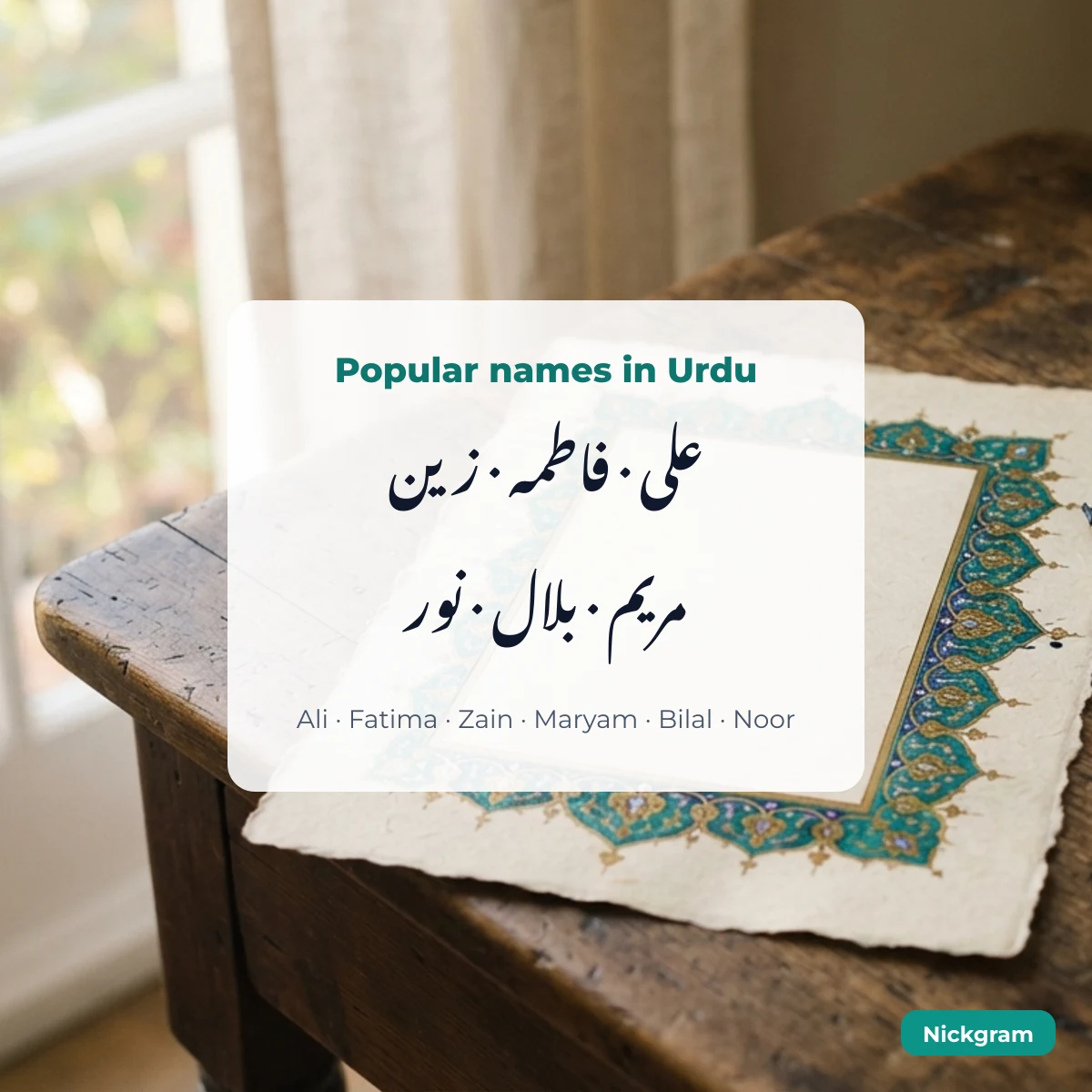 Popular names in Urdu: Ali, Fatima, Zain, Maryam, Bilal, Noor